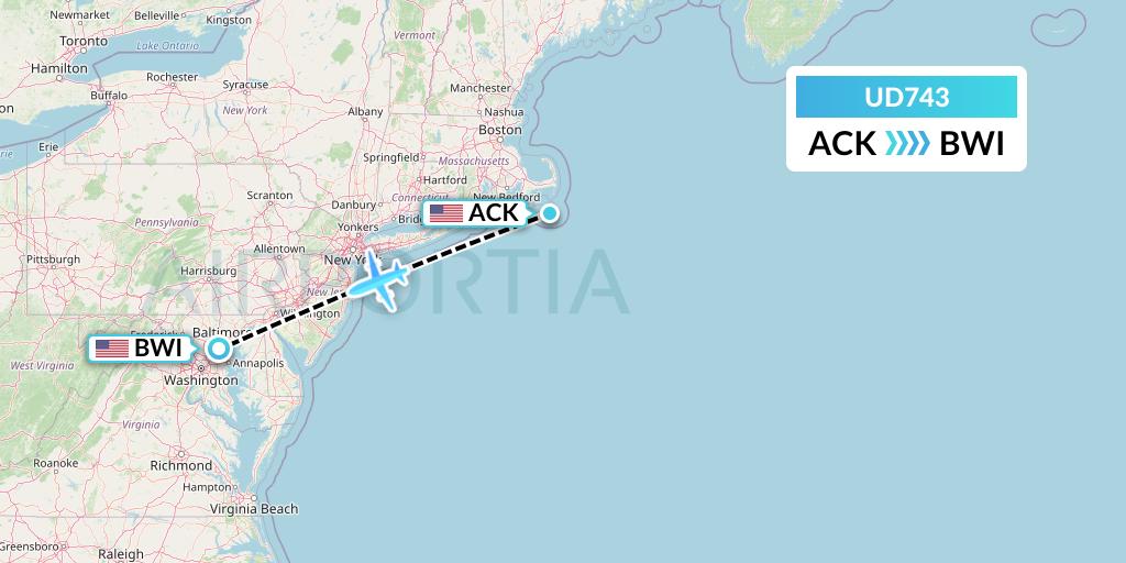 UD743 UR Airlines Flight Map: Nantucket to Baltimore