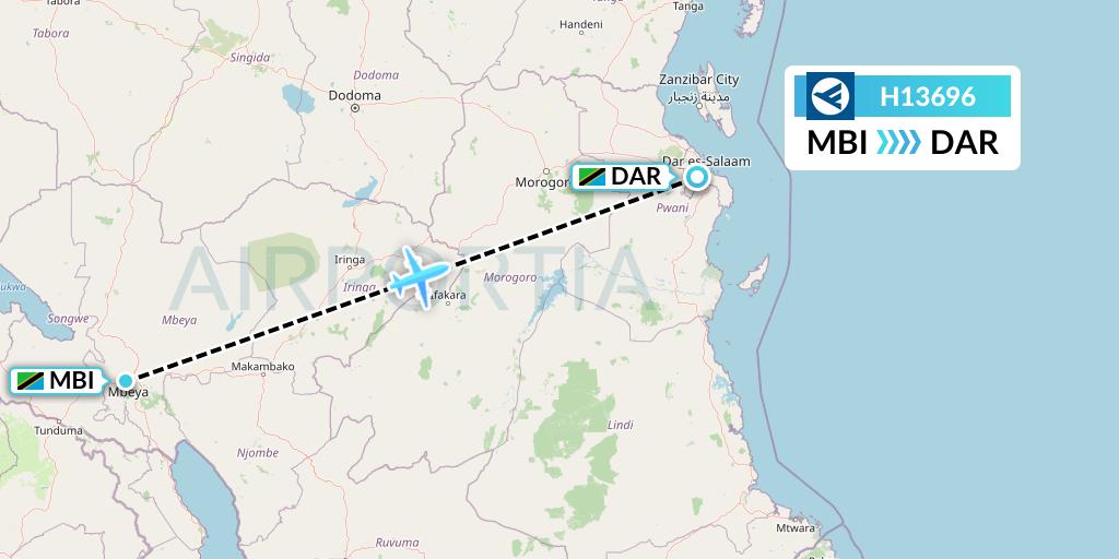 H13696 Hahn Air Systems Flight Map: Mbeya to Dar-es-Salaam