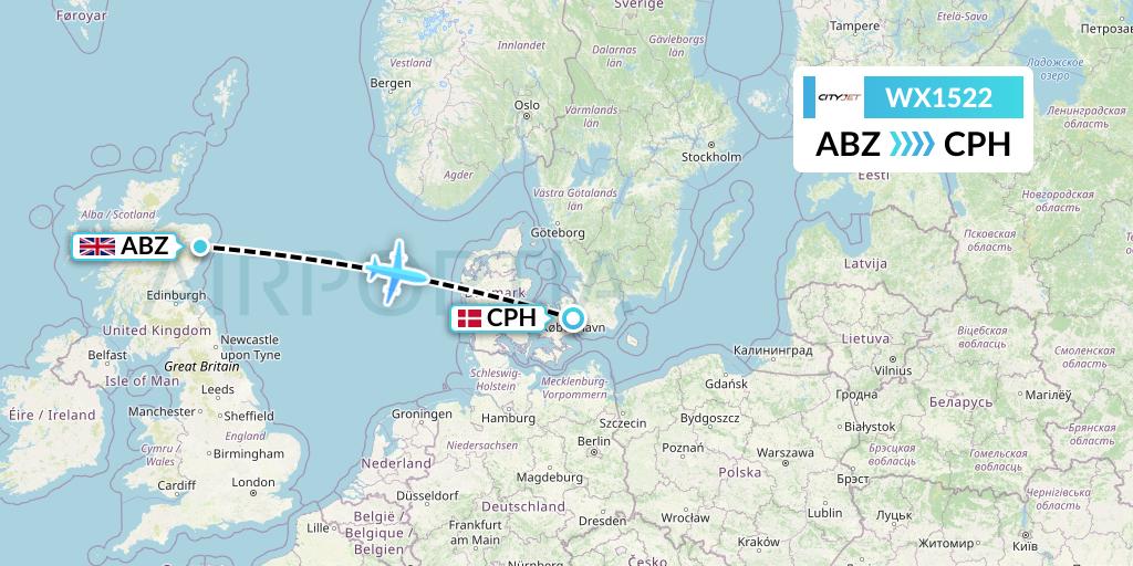 WX1522 Cityjet Flight Map: Aberdeen to Copenhagen