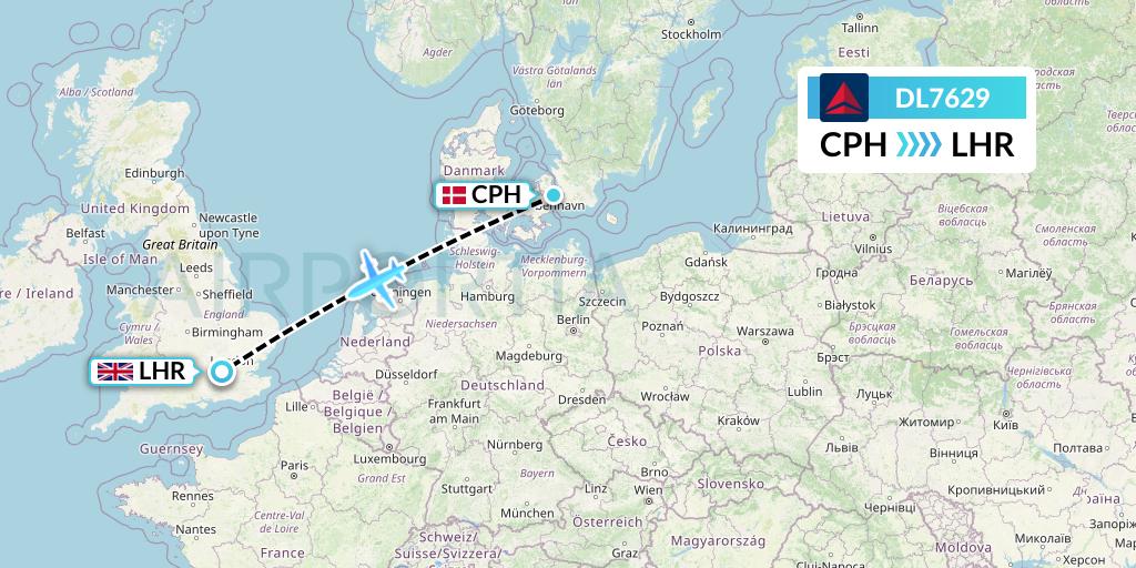 DL7629 Delta Air Lines Flight Map: Copenhagen to London
