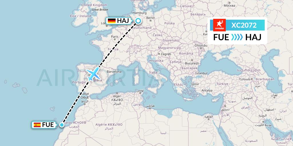 XC2072 Corendon Airlines Flight Map: Fuerteventura to Hannover