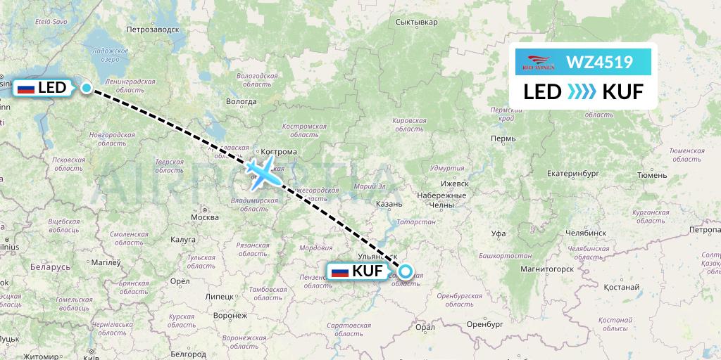 WZ4519 Red Wings Flight Map: St. Petersburg to Samara