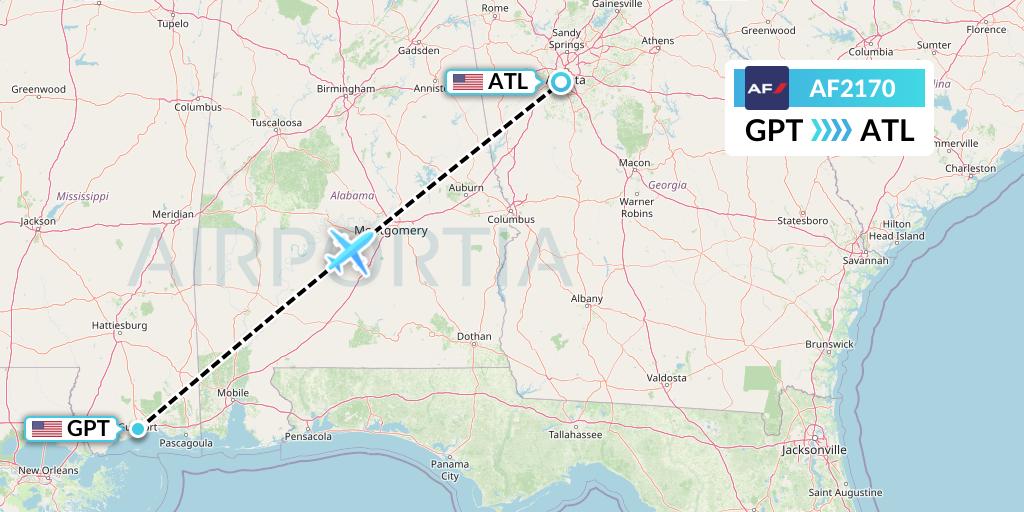 AF2170 Air France Flight Map: Gulfport to Atlanta