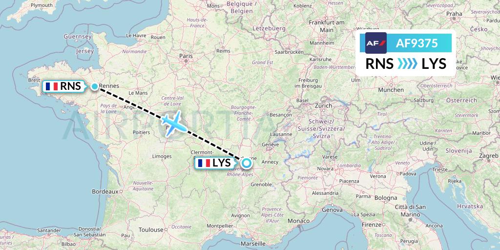 AF9375 Air France Flight Map: Rennes to Lyon