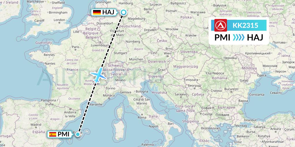 KK2315 Atlasjet Flight Map: Palma de Mallorca to Hannover