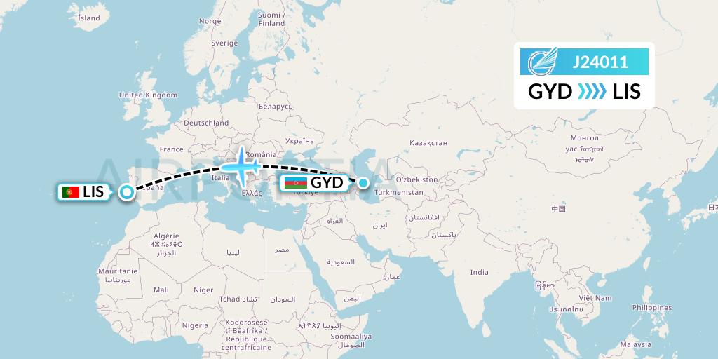 J24011 Azerbaijan Airlines Flight Map: Baku to Lisbon