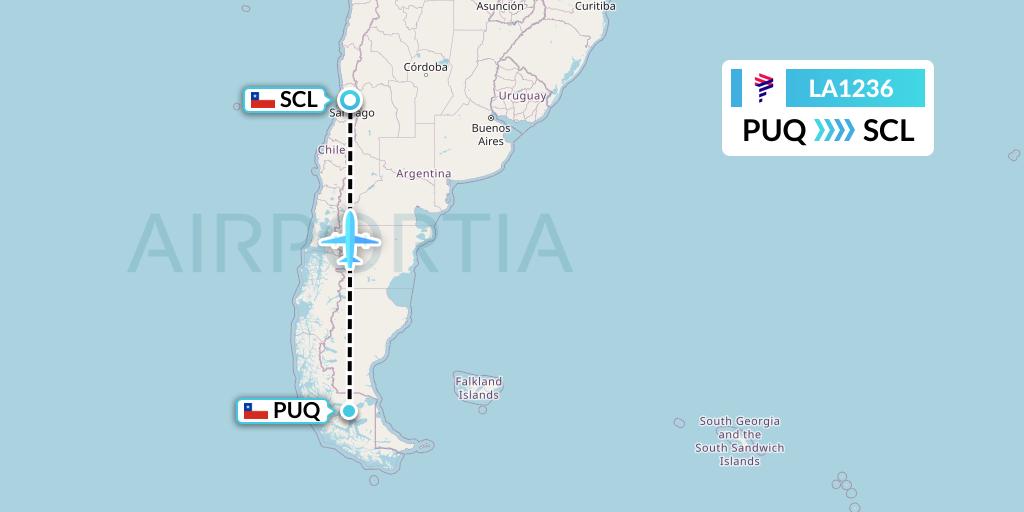 LA1236 LAN Airlines Flight Map: Punta Arenas to Santiago