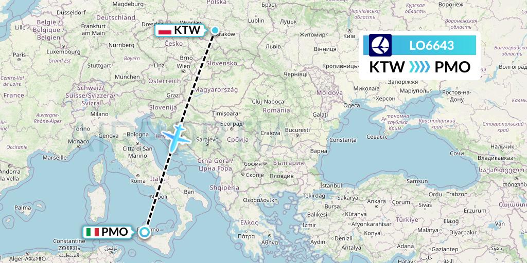LO6643 LOT Flight Map: Katowice to Palermo