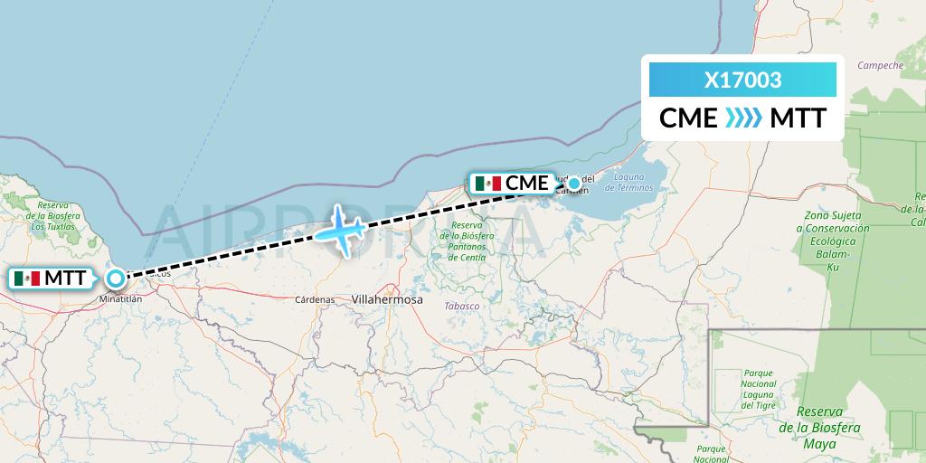 X17003 Nik Airways Flight Map: Ciudad del Carmen to Minatitlan