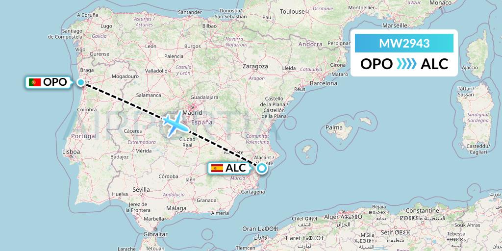 MW2943 Mokulele Flight Service Flight Map: Porto to Alicante