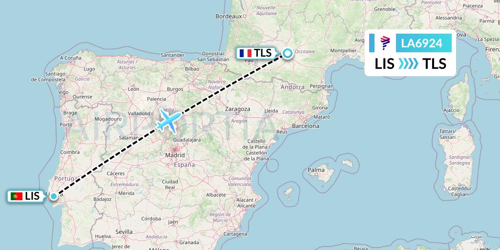 LA6924 LAN Airlines Flight Map: Lisbon to Toulouse