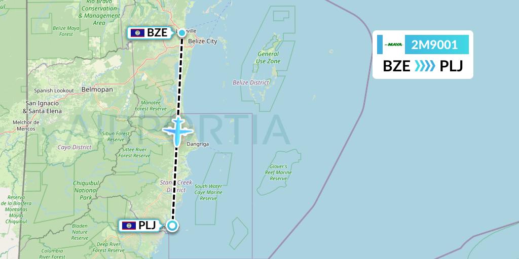 2M9001 Maya Island Air Flight Map: Belize City to Placencia