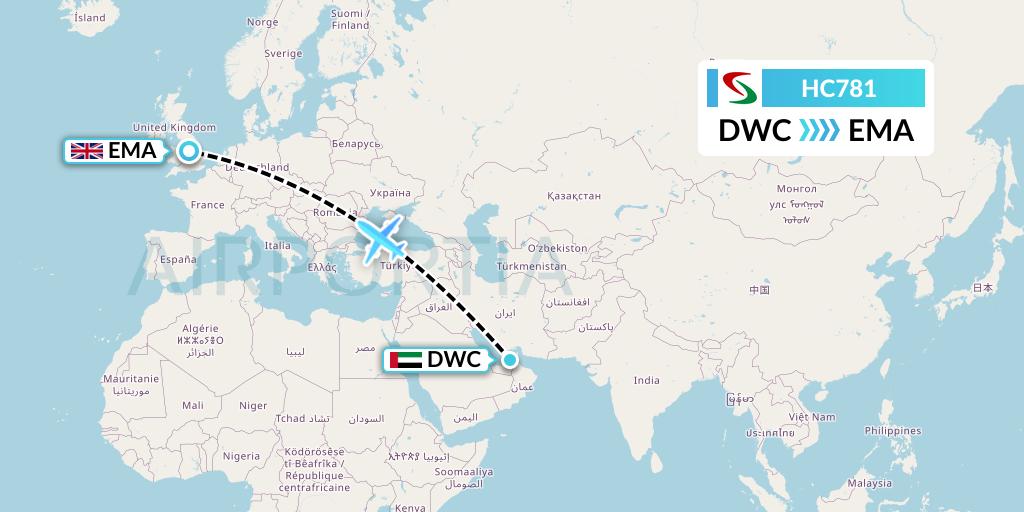 HC781 Air Senegal Flight Map: Dubai to East Midlands