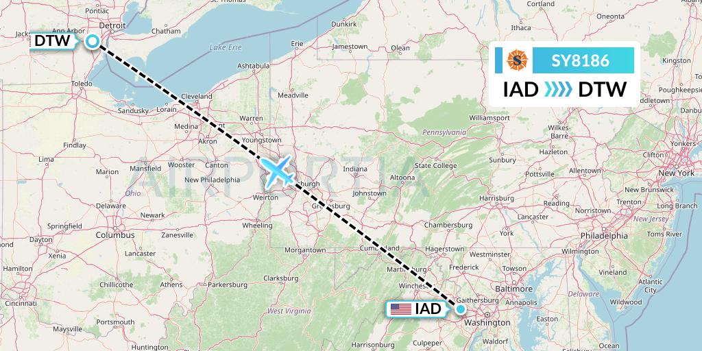 SY8186 Sun Country Airlines Flight Map: Washington to Detroit
