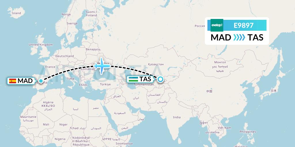 E9897 Evelop Airlines Flight Map: Madrid to Tashkent