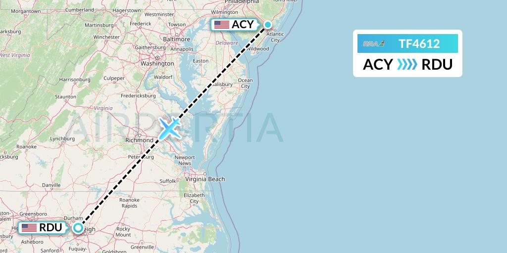 TF4612 Malmo Aviation Flight Map: Atlantic City to Raleigh-Durham