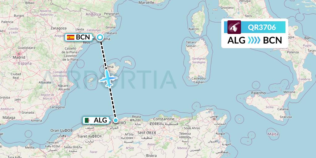 QR3706 Qatar Airways Flight Map: Algiers to Barcelona