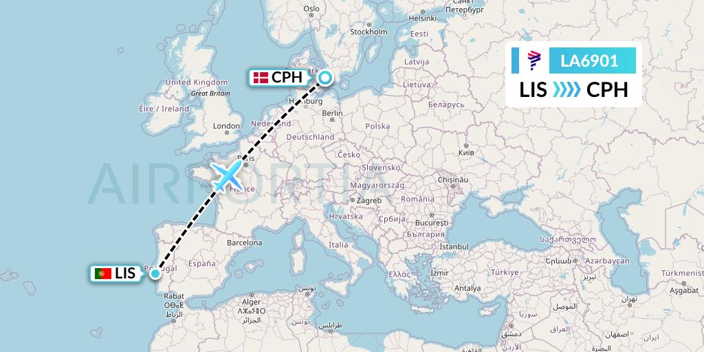LA6901 LAN Airlines Flight Map: Lisbon to Copenhagen