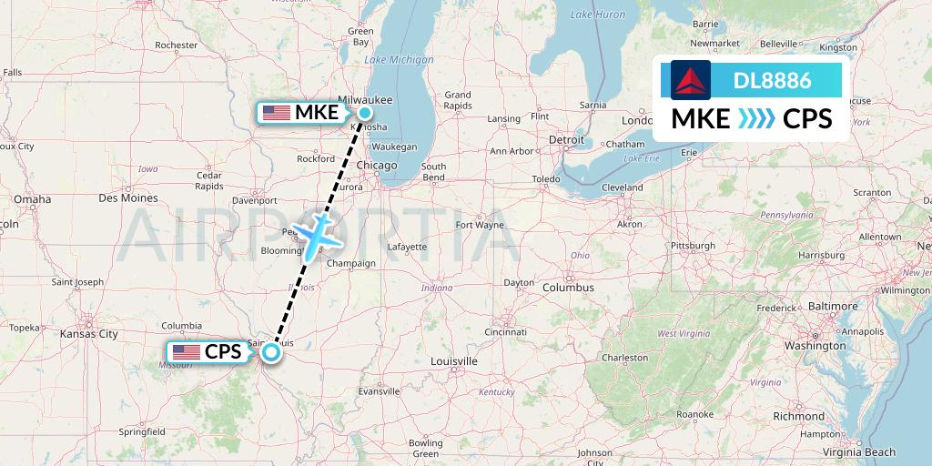 DL8886 Delta Air Lines Flight Map: Milwaukee to St. Louis