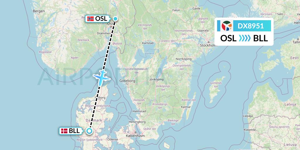 DX8951 Danish Air Transport Flight Map: Oslo to Billund