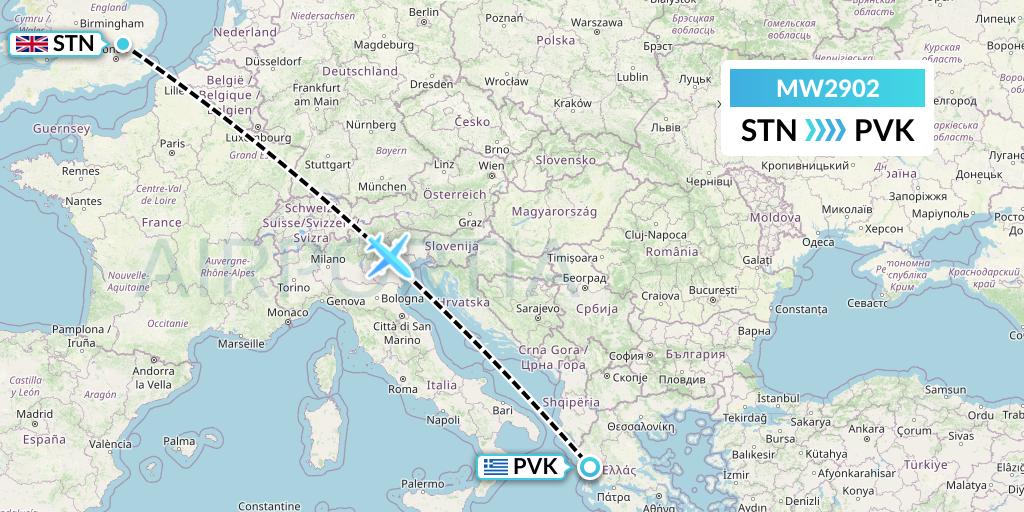 MW2902 Mokulele Flight Service Flight Map: London to Preveza
