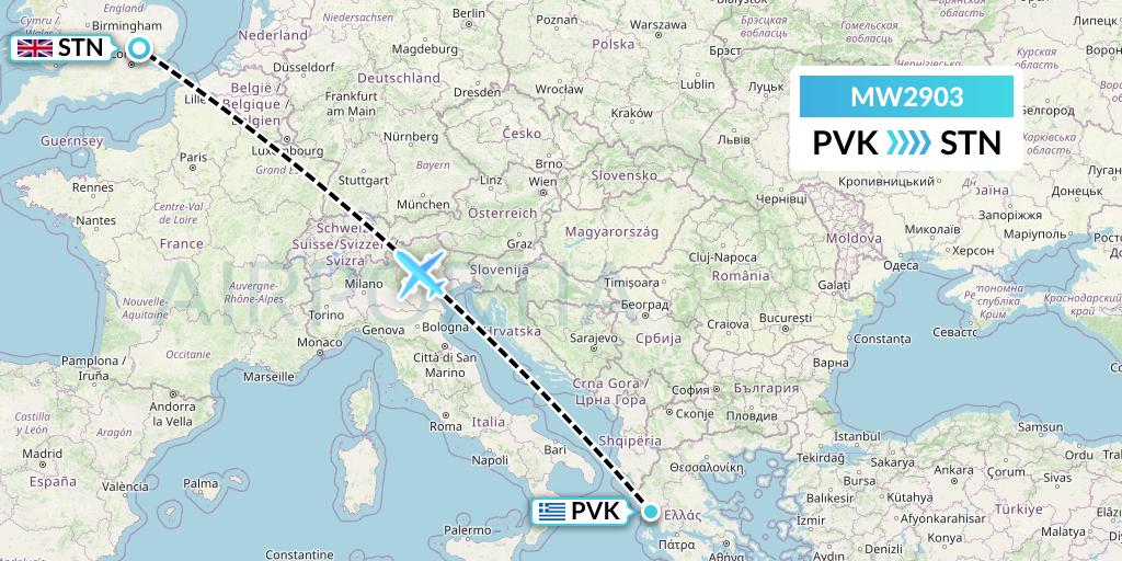 MW2903 Mokulele Flight Service Flight Map: Preveza to London