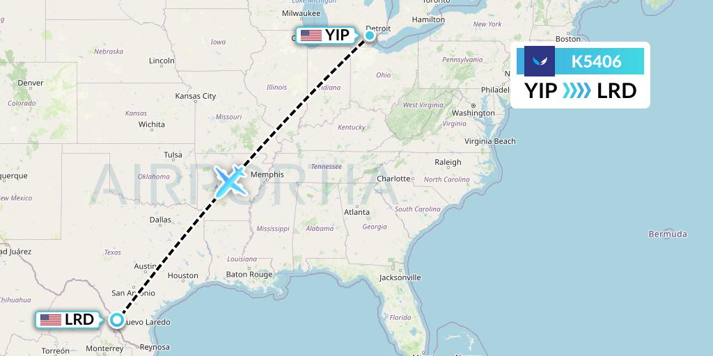 K5406 SeaPort Airlines Flight Map: Detroit to Laredo