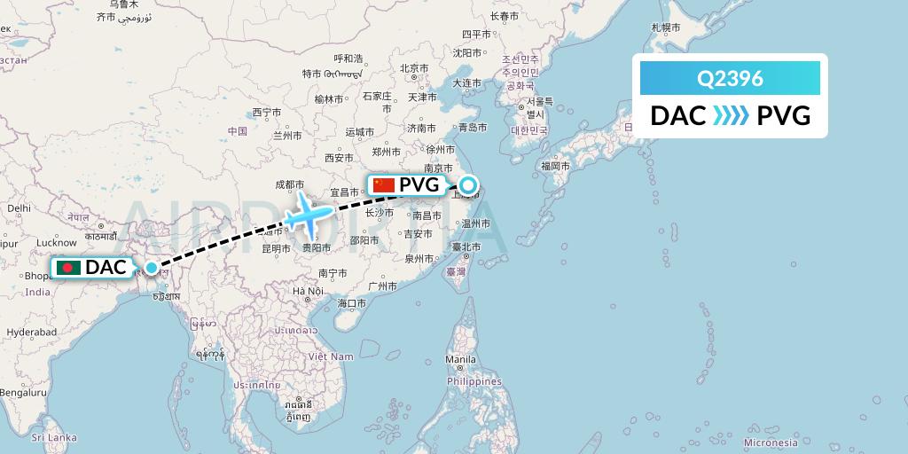 Q2396 Maldivian Flight Map: Dhaka to Shanghai