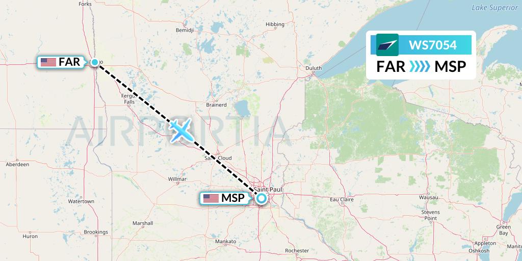 WS7054 WestJet Flight Map: Fargo to Minneapolis