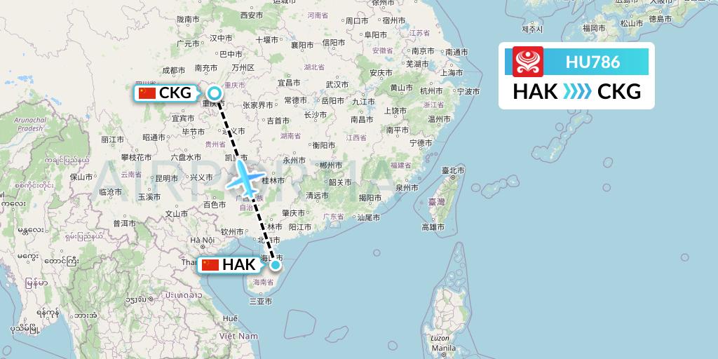 HU786 Hainan Airlines Flight Map: Haikou to Chongqing