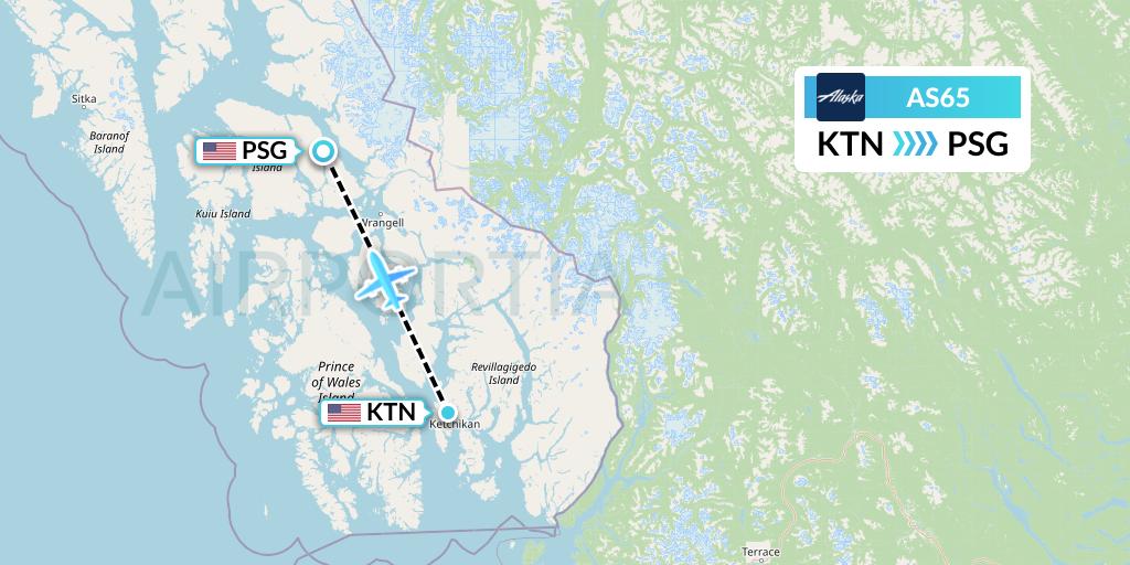 AS65 Alaska Airlines Flight Map: Ketchikan to Petersburg