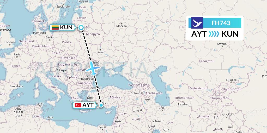 FH743 Freebird Airlines Flight Map: Antalya to Kaunas