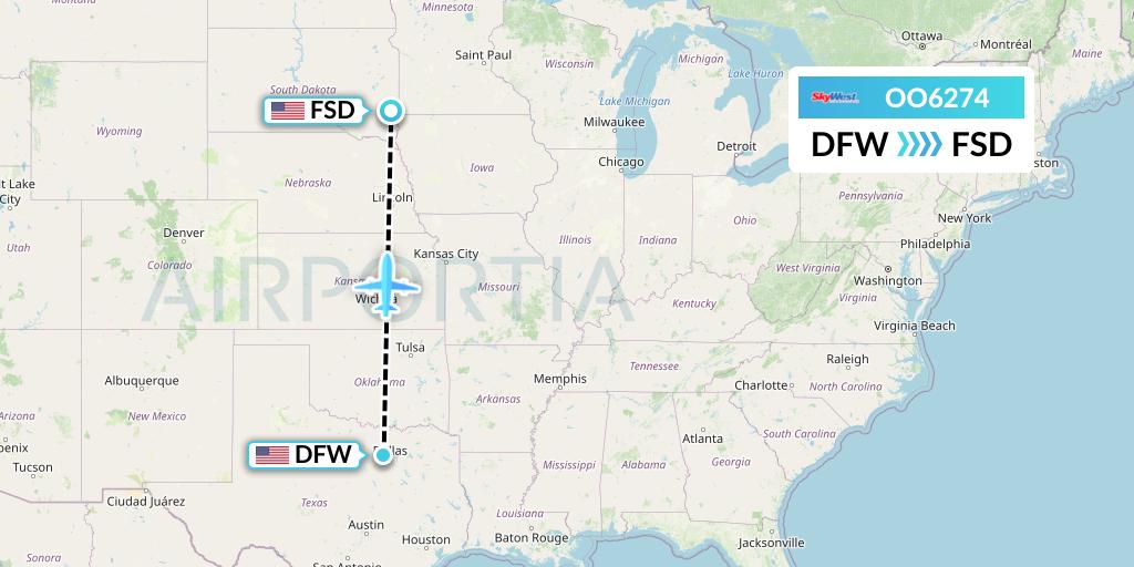 OO6274 SkyWest Airlines Flight Map: Dallas to Sioux Falls