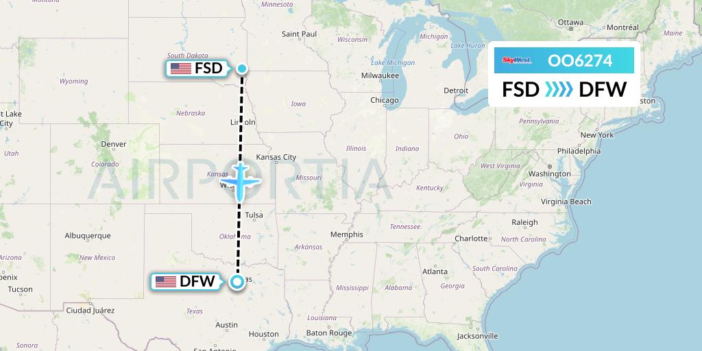 OO6274 SkyWest Airlines Flight Map: Sioux Falls to Dallas