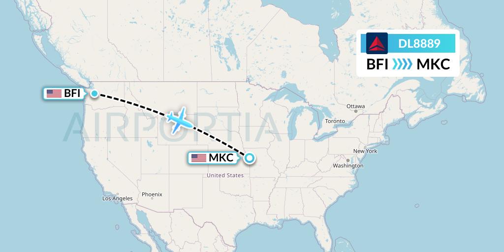 DL8889 Delta Air Lines Flight Map: Seattle to Kansas City