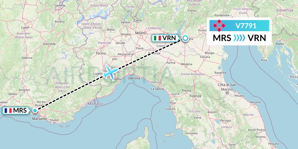 V7791 Volotea Flight Map: Marseille to Verona