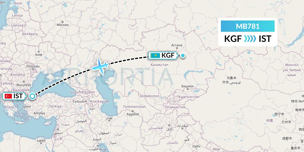 MB781 MNG Airlines Flight Map: Karaganda to Istanbul