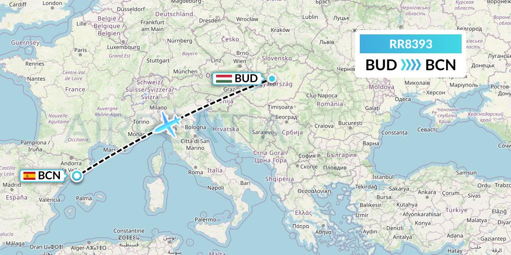 RR8393 Royal Air Force Flight Map: Budapest to Barcelona