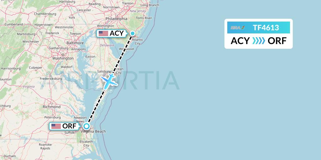 TF4613 Malmo Aviation Flight Map: Atlantic City to Norfolk