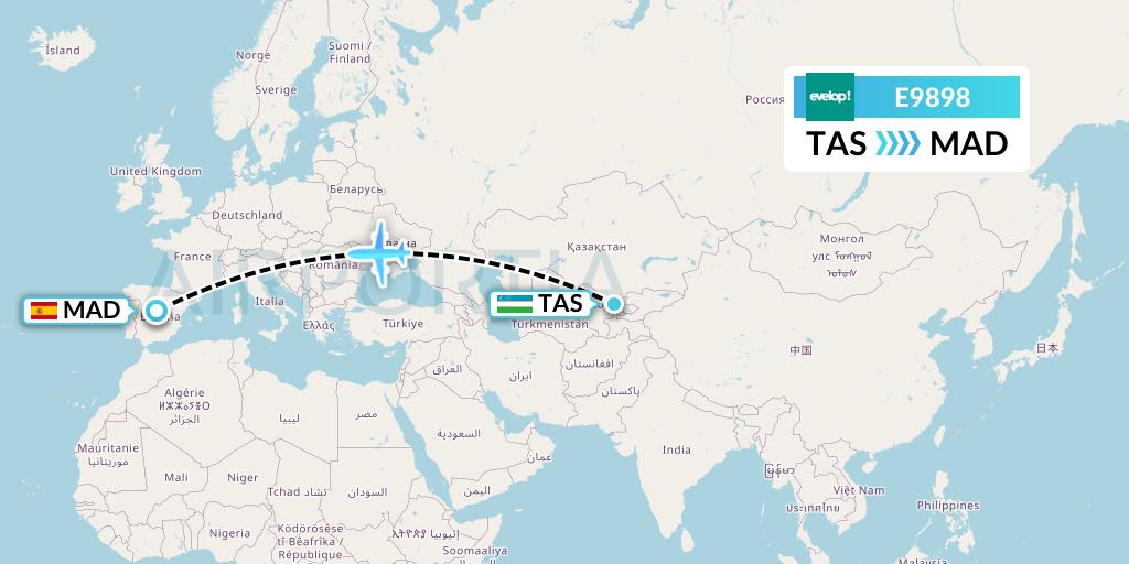 E9898 Evelop Airlines Flight Map: Tashkent to Madrid