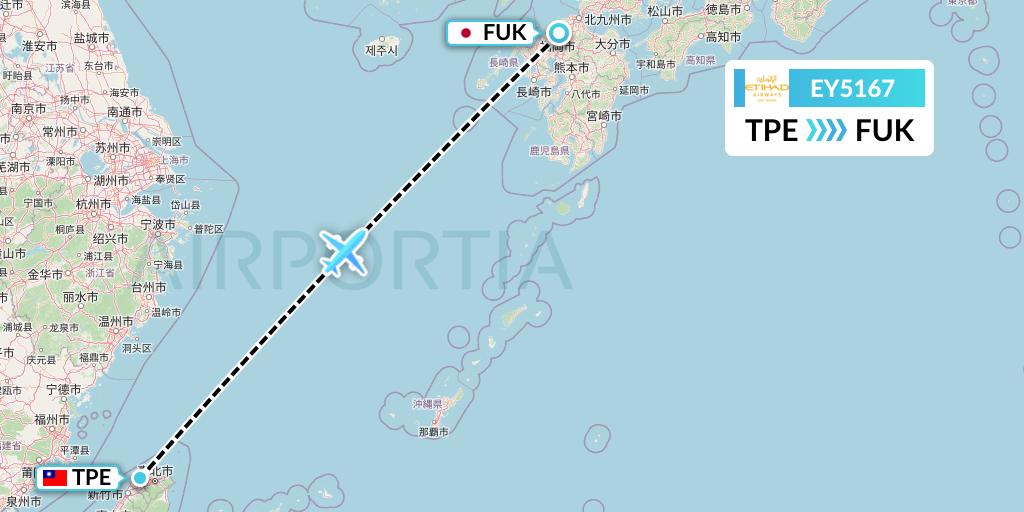 EY5167 Etihad Airways Flight Map: Taipei to Fukuoka