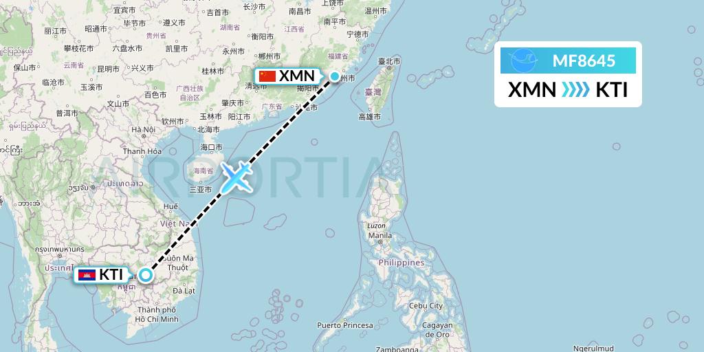 MF8645 Xiamen Airlines Flight Map: Xiamen to Kratie