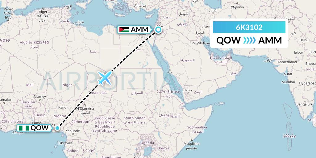 6K3102 Songbird Airways Flight Map: Owerri to Amman
