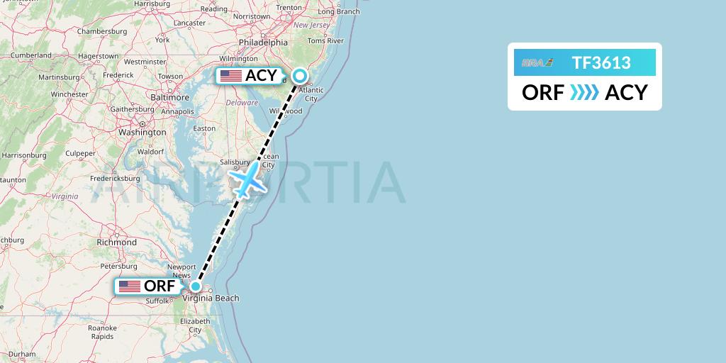 TF3613 Malmo Aviation Flight Map: Norfolk to Atlantic City