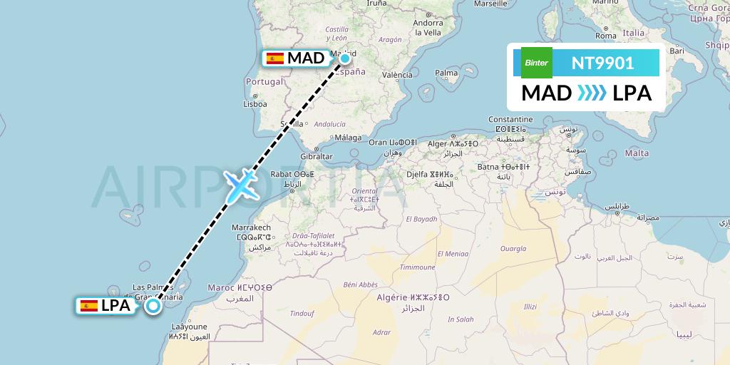 NT9901 Binter Canarias Flight Map: Madrid to Las Palmas