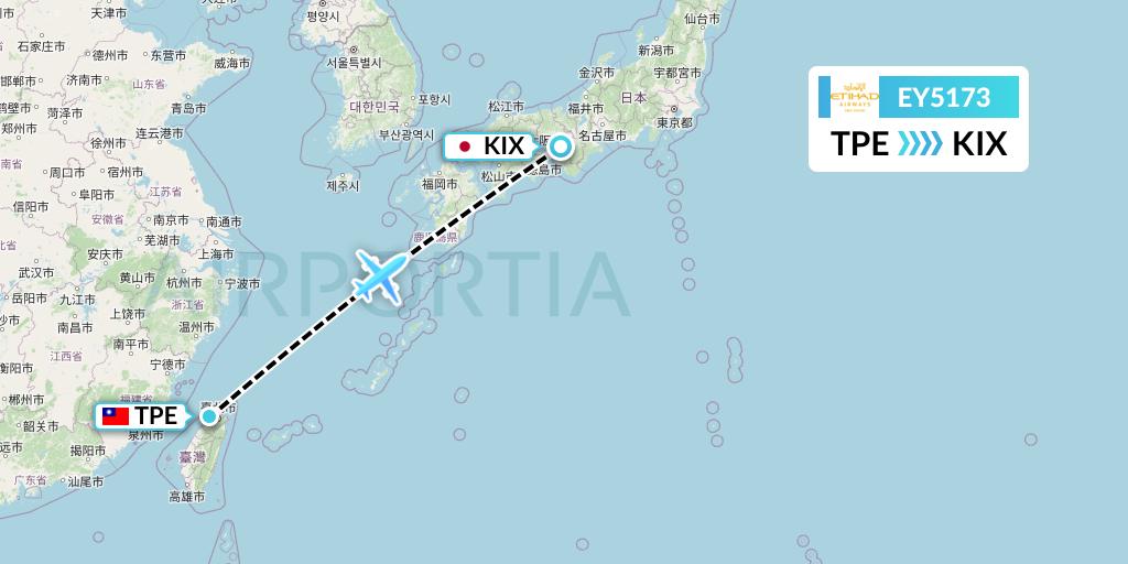 EY5173 Etihad Airways Flight Map: Taipei to Osaka