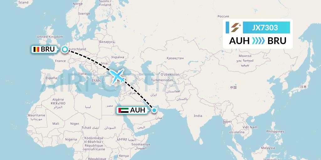 JX7303 Starlux Airlines Flight Map: Abu Dhabi to Brussels