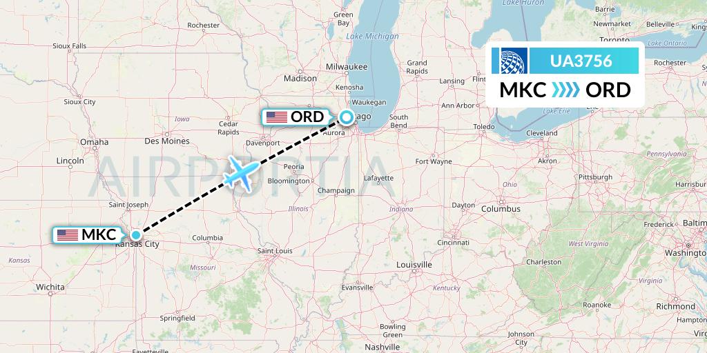 UA3756 United Airlines Flight Map: Kansas City to Chicago