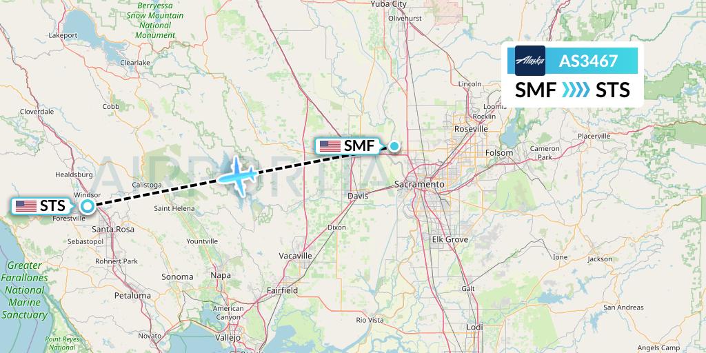 AS3467 Alaska Airlines Flight Map: Sacramento to Santa Rosa