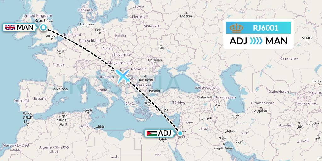 RJ6001 Royal Jordanian Flight Map: Amman to Manchester